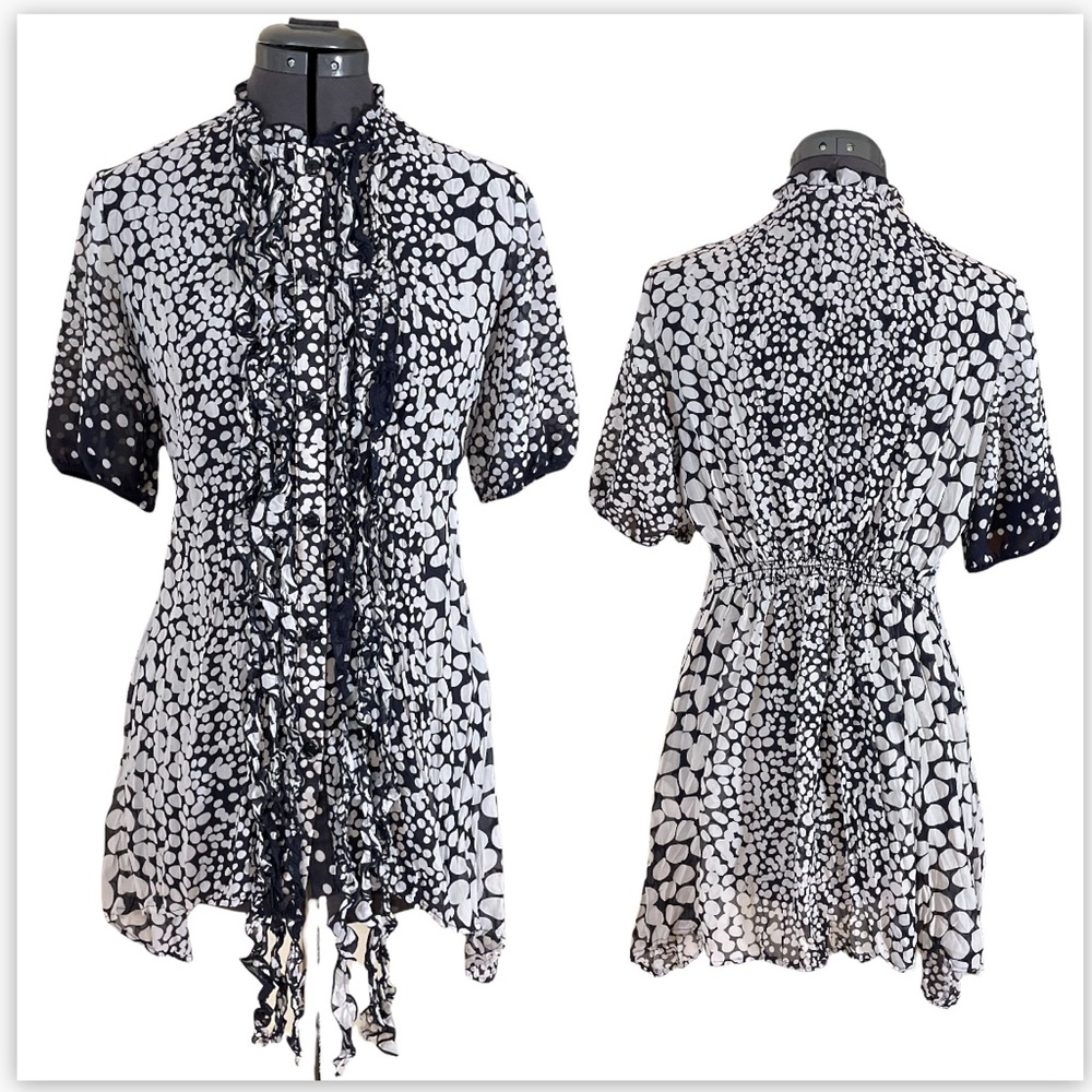 Joseph Ribkoff Black and White Semi-Sheer Blouse with Frills Size 8